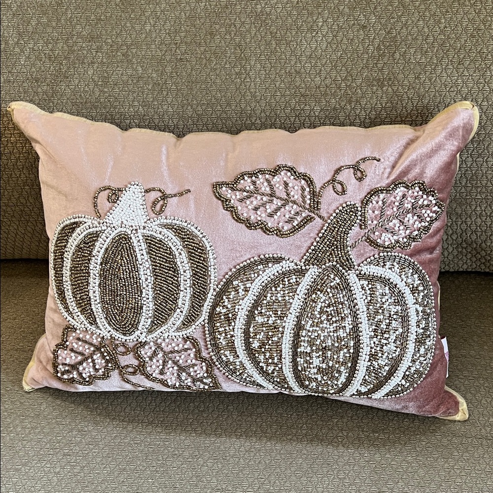 Harvest Moon Pink Beaded Pumpkin Velvet  Pillow